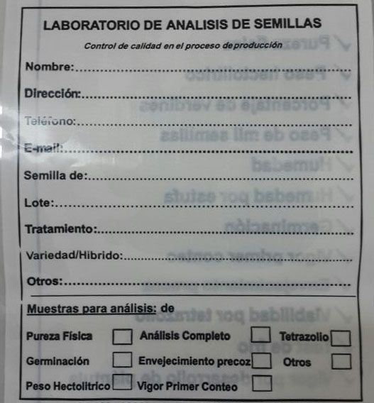 Etiqueta para muestras de semillas a analisar.